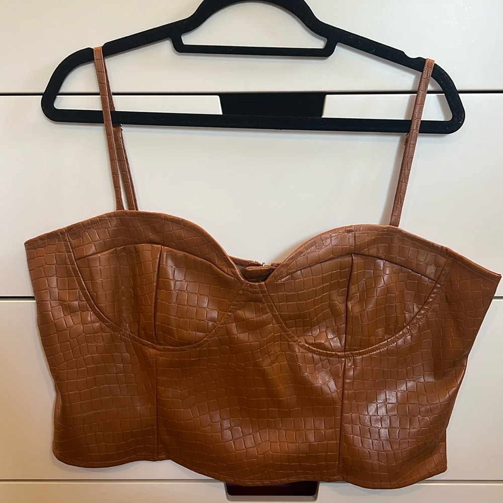Pretty Little Thing faux leather brown corset top